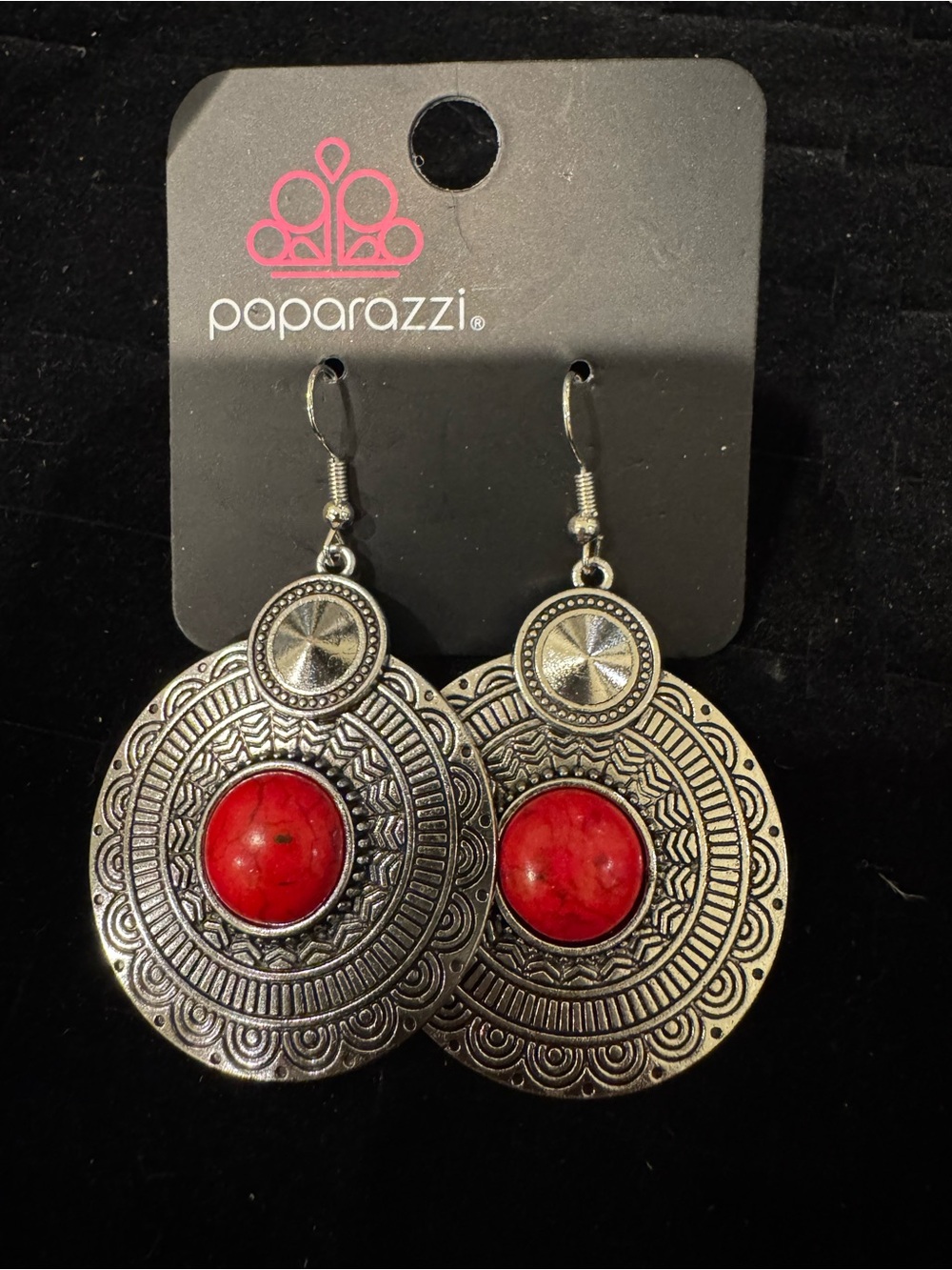 Paparazzi Accessories Red Stone Silver Tone Round Dangle Earrings Boho